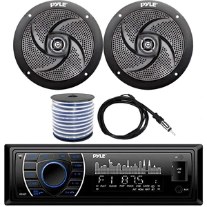 Pyle AM/FM USB Bluetooth in-Dash Marine Stereo Digital Media Headunit Receiver, 2 x 4 2-Way Weather-Resistant 100W Black Audio Speakers, 18-Gauge Speaker Wire, Wired Radio Antenna Pyle AM/FM USB Bluetooth in-Dash Marine Stereo Digital Media Headunit Receiver, 2 x 4 2-Way Weather-Resistant 100W Black Audio Speakers, 18-Gauge Speaker Wire, Wired Radio Antenna