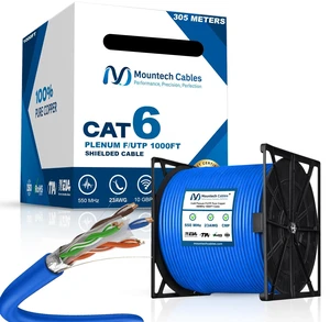 Cat6 Shielded Plenum Ethernet Cable 1000FT, 23AWG Solid Bare Copper, F/UTP Foil Shielded, CMP Rated, 550MHz, 10Gbps, PoE++, Bulk Network Cable for Offices, Commercial Buildings & Data Centers (Blue) Cat6 Shielded Plenum Ethernet Cable 1000FT, 23AWG Solid Bare Copper, F/UTP Foil Shielded, CMP Rated, 550MHz, 10Gbps, PoE++, Bulk Network Cable for Offices, Commercial Buildings & Data Centers (Blue)