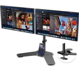 Suptek Free-Standing Dual Monitor Desk Mount, Full Motion Stand for 2 Monitors up to 32" 15.4lbs Each, Height Adjustable Swivel Tilt 360 Rotation, VESA Compatible with Phone Slot, Black Suptek Free-Standing Dual Monitor Desk Mount, Full Motion Stand for 2 Monitors up to 32" 15.4lbs Each, Height Adjustable Swivel Tilt 360 Rotation, VESA Compatible with Phone Slot, Black
