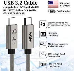 MALOM USB 3.2 Gen 2, 240W, USB C to USB C Cable, Fast Charging for MacBook Pro/Air,iPad Pro, Phone 17/16/15 Pro Max,Galaxy S24/S23, Steam Deck, 20Gbps Data Transfer,4K Video Output 9.9 ft Titanium MALOM USB 3.2 Gen 2, 240W, USB C to USB C Cable, Fast Charging for MacBook Pro/Air,iPad Pro, Phone 17/16/15 Pro Max,Galaxy S24/S23, Steam Deck, 20Gbps Data Transfer,4K Video Output 9.9 ft Titanium