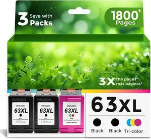 63XL Ink Cartridges Replacement for HP 63 XL (2 Black 1 Color Combo 3-Pack) Fit for HP63 3830 4650 4652 4655 5200 5252 5255 5258 4520 4512 1112 2132 3630 3632 3631 2130 4510 4654 Printers BK Tricolor