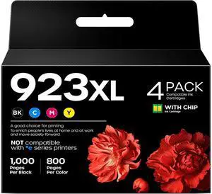 923 923XL 923e Ink Cartridges Combo Pack (with Chip) Compatible with HP 923 XL Ink Cartridges Replacement for HP OfficeJet Pro 8120 8123 8130 8133 Printers-4 Pack (BK/C/Y/M)