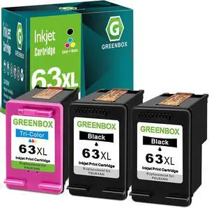 GREENBOX 63XL Ink Cartridges Black/Color Combo Replacement for HP 63XL 63 XL Ink Cartridge for OfficeJet 3830 5255 5258 Envy 4520 4512 4513 4516 DeskJet 1112 1110 3630 3634 2130 2132 Printer, 3 Pack