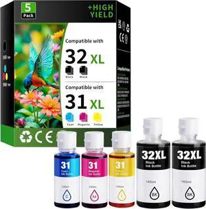 31 32XL Ink Bottle Set High Yield Ink Refills Replacement for HP 31 32XL Ink Bottles Set Compatible with HP Smart Tank Ink 5101 7602 6001 5000 7001 5102 5103 7301 ( Black Cyan Magenta Yellow 5 Pack)