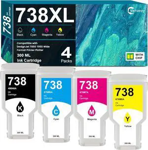 738 738XL Ink Cartridges 4-Pack with Chip Replacement for HP 738 498N8A 676M6A 676M7A 676M8A DesignJet Ink Cartridge - 300ML for DesignJet T850 T950 Wide Format Printer Plotters (4-Pack, BK/C/M/Y)