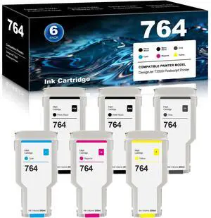 764 Ink Cartridges Compatible with HP 764 HP764 for C1Q16A C1Q17A C1Q18A C1Q13A C1Q14A C1Q15A for DesignJet T3500 Postscript Printer Photo Black Matte Black Red Cyan Magenta Yellow 300-ML 6-Pack