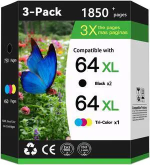 64XL Ink Cartridge Compatible for HP 64XL Ink Replacement for 6220 6222 6230 6232 6234 6252 6255 6258 7120 7130 7132 7134 7158 7164 7800 7820 7822 7830 7855 7864 Printer.(2Black 1Tri-Color, 3-Pack)