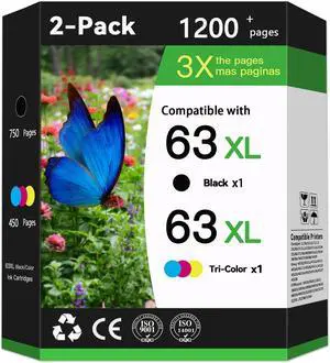 63XL Ink Cartridge Compatible for HP 63XL Ink Replacement for 1110 1111 2130 2131 2138 3630 4510 4520 3830 3831 3832 3836 4650 4652 4654 4655 5220 5230 5252 5264 Printer.(1Black 1Tri-Color, 2-Pack)