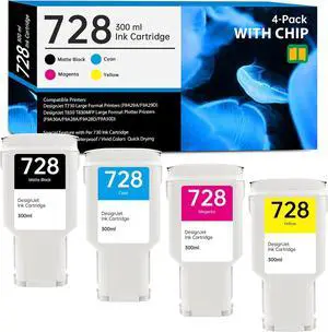 728 Ink Cartridge 300ml Set with New Chip Replacement for HP 728 Ink Cartridges 728XL F9J68A F9J67A F9J66A F9J65A for DesignJet T830 MFP DesignJet T730 Large Format Plotter Printers, 4 Pack