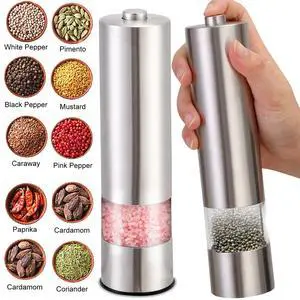 2PCS Electric Salt Pepper Grinder Mill Shakers Set Adjustable Stainless Steel 1PACK Round+1PACK Flat 2PCS Electric Salt Pepper Grinder Mill Shakers Set Adjustable Stainless Steel 1PACK Round+1PACK Flat