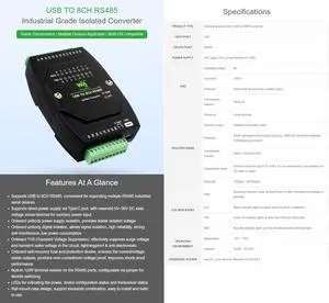 USB to 8CH RS485 Industrial Grade Isolated Converter, USB Type-C to RS485 Adapter, Black USB to 8CH RS485 Industrial Grade Isolated Converter, USB Type-C to RS485 Adapter, Black