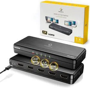 4K HDMI Splitter 1 in 4 Out 4K@60Hz, 1080p@240Hz, Auto Downscaling, HDR, HDCP 2.3, 18Gbps, EDID, Duplicate/Mirror 4K Screens, Compatible with TV, Multiple Monitors 4K HDMI Splitter 1 in 4 Out 4K@60Hz, 1080p@240Hz, Auto Downscaling, HDR, HDCP 2.3, 18Gbps, EDID, Duplicate/Mirror 4K Screens, Compatible with TV, Multiple Monitors