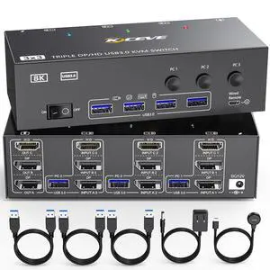 KVM Switch 3 Monitors 3 Computers HDMI + DisplayPort, 8K USB 3.0 DP KVM Switcher, 8K@30Hz/4k@144Hz Triple Monitor DP KVM for 3 PC Share 3 Display and 4 USB 3.0 Devices KVM Switch 3 Monitors 3 Computers HDMI + DisplayPort, 8K USB 3.0 DP KVM Switcher, 8K@30Hz/4k@144Hz Triple Monitor DP KVM for 3 PC Share 3 Display and 4 USB 3.0 Devices
