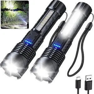 2PCS LED Flashlights High Lumens Rechargeable Tactical Flashlight Battery Powered with 7 Light Modes Cob Side Light USB C Waterproof Zoomable Powerful Handheld Flash Lights 2PCS LED Flashlights High Lumens Rechargeable Tactical Flashlight Battery Powered with 7 Light Modes Cob Side Light USB C Waterproof Zoomable Powerful Handheld Flash Lights