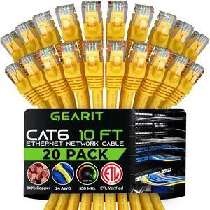 GEARit Cat 6 Ethernet Cable (20-Pack 10 Feet) Cat6 Network Patch, 10Gbps, RJ45, Snagless Cord, Gold-Plated Connectors, Internet for PC, TV, Tablet, Router, Printer, Servers, IT Data Center - Yellow GEARit Cat 6 Ethernet Cable (20-Pack 10 Feet) Cat6 Network Patch, 10Gbps, RJ45, Snagless Cord, Gold-Plated Connectors, Internet for PC, TV, Tablet, Router, Printer, Servers, IT Data Center - Yellow