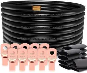 20FT 0 Gauge Wire,1/0 Battery Cable Copper Clad Aluminum,10pcs Lugs Terminal Connectors with 3:1Heat Shrink Tube for Power/Auto,Amplifier,Ground Cable 20FT 0 Gauge Wire,1/0 Battery Cable Copper Clad Aluminum,10pcs Lugs Terminal Connectors with 3:1Heat Shrink Tube for Power/Auto,Amplifier,Ground Cable