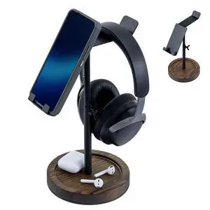 MyGift Industrial Matte Black Metal Headphone Stand with Adjustable Height and Burnt Wood Tray Desktop Headset Holder for Office, Gaming, or Studio Setup MyGift Industrial Matte Black Metal Headphone Stand with Adjustable Height and Burnt Wood Tray Desktop Headset Holder for Office, Gaming, or Studio Setup