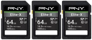PNY 64GB Elite-X C10 U3 V30 SDXC Flash Memory Card 3-Pack, UHS-I, 4K UHD PNY 64GB Elite-X C10 U3 V30 SDXC Flash Memory Card 3-Pack, UHS-I, 4K UHD