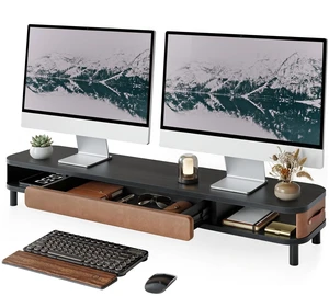 Fenge Dual Monitor Stand with Large Storage Drawer, 42.5" Desk Shelf, Black Fenge Dual Monitor Stand with Large Storage Drawer, 42.5" Desk Shelf, Black