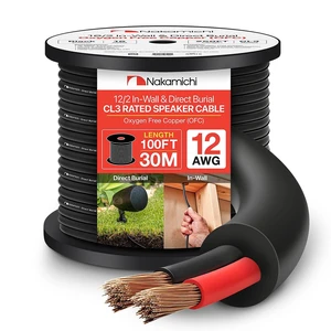 Nakamichi 12/2 (100-Foot) in-Wall & Direct Burial (UL CL2 CL3 Rated) Oxygen-Free Copper (OFC) 2-Conductor Speaker Cable Wire, Outdoor In-Ground, in-Ceiling, Riser, Black (12AWG / 100ft / 30.48m) Nakamichi 12/2 (100-Foot) in-Wall & Direct Burial (UL CL2 CL3 Rated) Oxygen-Free Copper (OFC) 2-Conductor Speaker Cable Wire, Outdoor In-Ground, in-Ceiling, Riser, Black (12AWG / 100ft / 30.48m)