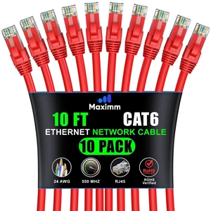 Maximm Cat6 Ethernet Cable 10 Ft, 10 Gbps 550 MHz, Red, 10 Pack Maximm Cat6 Ethernet Cable 10 Ft, 10 Gbps 550 MHz, Red, 10 Pack