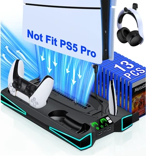 PS5 Stand, PS5/PS5 Slim Cooling Station with 3-Level Cooling Fan, Controller Charger Station for PS5 Accessories, Light, Headset Holder, 3 Charger Ports for PlayStation 5 Slim Console, Black PS5 Stand, PS5/PS5 Slim Cooling Station with 3-Level Cooling Fan, Controller Charger Station for PS5 Accessories, Light, Headset Holder, 3 Charger Ports for PlayStation 5 Slim Console, Black
