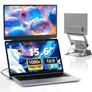 15.6 Inch Dual Portable Monitor, FHD 1080P IPS Foldable Laptop Screen Extender, Premium Aluminum Alloy, Dual Upper Extended Display with USB-C & HDMI Ports, Compatible with Windows, Mac & Android 15.6 Inch Dual Portable Monitor, FHD 1080P IPS Foldable Laptop Screen Extender, Premium Aluminum Alloy, Dual Upper Extended Display with USB-C & HDMI Ports, Compatible with Windows, Mac & Android