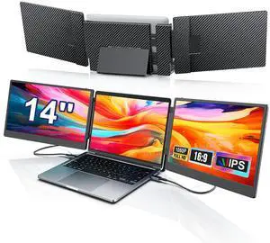 Laptop Screen Extender, 14" FHD 1080P Triple Portable Monitor for 13"-16.1" Laptops, IPS Laptop Monitor Extender with Built-in Stand & Dual Speakers, USB-C/HDMI/USB-A Plug & Play for Windows, Mac & An Laptop Screen Extender, 14" FHD 1080P Triple Portable Monitor for 13"-16.1" Laptops, IPS Laptop Monitor Extender with Built-in Stand & Dual Speakers, USB-C/HDMI/USB-A Plug & Play for Windows, Mac & An