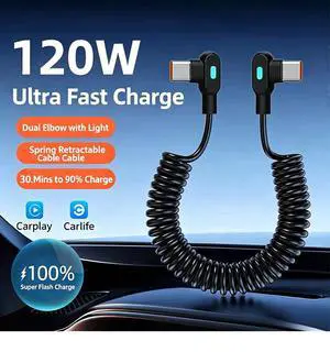 2x 120W Spring Type C Fast Charge Cable Dual 90° Elbow CarPlay Car Charger Cord USB A to Type C+Type C to Type C 1m/3ft 2x 120W Spring Type C Fast Charge Cable Dual 90° Elbow CarPlay Car Charger Cord USB A to Type C+Type C to Type C 1m/3ft