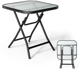 SPORFIT 18" Folding Side Table w/Tempered Glass Top, Black Metal SPORFIT 18" Folding Side Table w/Tempered Glass Top, Black Metal