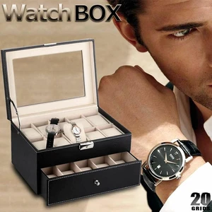 20 Slot Grids Watch Box Leather Display Case Organizer Glass Jewelry Storage BK 20 Slot Grids Watch Box Leather Display Case Organizer Glass Jewelry Storage BK
