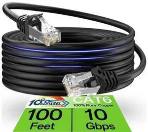 100FT Cat6 Ethernet Cable, 10Gbps High Speed UTP Pure Copper Network Patch Cord, Indoor & Outdoor Waterproof Cat 6 LAN Cable Black for Home Office Router Modem Switch 100FT Cat6 Ethernet Cable, 10Gbps High Speed UTP Pure Copper Network Patch Cord, Indoor & Outdoor Waterproof Cat 6 LAN Cable Black for Home Office Router Modem Switch