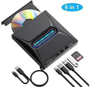 6-in-1 External CD DVD Drive, Ultra Slim Portable CD/DVD +/-RW Burner with SD Card Reader, USB 3.0 & Type-C Hub, Compatible with Laptop, PC, Windows, Linux, MacOS 6-in-1 External CD DVD Drive, Ultra Slim Portable CD/DVD +/-RW Burner with SD Card Reader, USB 3.0 & Type-C Hub, Compatible with Laptop, PC, Windows, Linux, MacOS