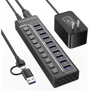 Powered USB 3.0 Hub, 10-Port USB Hub Splitter with Individual On/Off Switches & LED Indicators, High-Speed Data & Charging Ports, Equipped with 12V 3A Power Adapter Powered USB 3.0 Hub, 10-Port USB Hub Splitter with Individual On/Off Switches & LED Indicators, High-Speed Data & Charging Ports, Equipped with 12V 3A Power Adapter