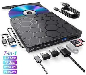 7 in 1 External CD DVD Drive, USB 3.0 Ultra Slim Portable External Optical Drive CD Burner DVD Player Compatible with Laptop Desktop, Windows 11/10/8/7, Linux & MacOS 7 in 1 External CD DVD Drive, USB 3.0 Ultra Slim Portable External Optical Drive CD Burner DVD Player Compatible with Laptop Desktop, Windows 11/10/8/7, Linux & MacOS