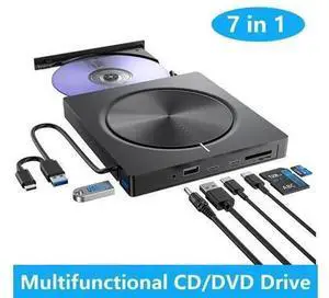 7-in-1 External CD DVD Drive, USB 3.0 Portable DVD Reader Writer Burner, Multifunctional External Optical Disk Drive Compatible with Laptops, Desktops, Windows 11/10/8/7, Linux and MacOS 7-in-1 External CD DVD Drive, USB 3.0 Portable DVD Reader Writer Burner, Multifunctional External Optical Disk Drive Compatible with Laptops, Desktops, Windows 11/10/8/7, Linux and MacOS