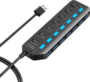 7 Port USB 3.0 Hub Splitter with Individual LED On/Off Switches, 5Gbps High Speed USB Extender for Laptop, iMac, USB Flash Drive, Mobile HDD, Printer, Camera 7 Port USB 3.0 Hub Splitter with Individual LED On/Off Switches, 5Gbps High Speed USB Extender for Laptop, iMac, USB Flash Drive, Mobile HDD, Printer, Camera