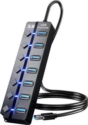 7-Port USB 3.0 Data Hub Splitter with 3FT Long Cable, Individual LED On/Off Switches, USB Port Expander for Laptop, PC, Surface Pro, PS4, PS5, Flash Drive, Mobile Hard Drive 7-Port USB 3.0 Data Hub Splitter with 3FT Long Cable, Individual LED On/Off Switches, USB Port Expander for Laptop, PC, Surface Pro, PS4, PS5, Flash Drive, Mobile Hard Drive