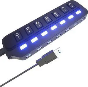 7 Port USB 3.0 Hub Splitter with Individual On/Off LED Switches, 5Gbps High Speed USB Port Extender for Laptop, iMac, USB Flash Drives, Mobile HDD, Printer, Camera and More 7 Port USB 3.0 Hub Splitter with Individual On/Off LED Switches, 5Gbps High Speed USB Port Extender for Laptop, iMac, USB Flash Drives, Mobile HDD, Printer, Camera and More