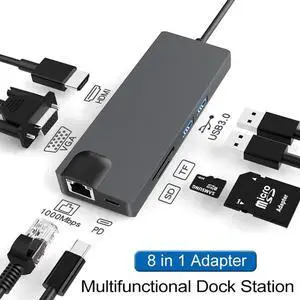 8-in-1 USB-C Docking Station, Multiport Type-C Hub Adapter with HDMI, VGA, Gigabit Ethernet, USB Ports, PD Charging, TF & SD Card Reader, Portable Expansion Dock for Laptops, Notebooks and Full-Functi 8-in-1 USB-C Docking Station, Multiport Type-C Hub Adapter with HDMI, VGA, Gigabit Ethernet, USB Ports, PD Charging, TF & SD Card Reader, Portable Expansion Dock for Laptops, Notebooks and Full-Functi
