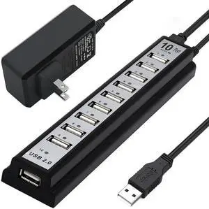10-Port Powered USB 2.0 Hub, USB Splitter Extender with Individual LED Indicator Lights, External Power Supply Supported Multiport Adapter, Plug and Play USB Hub for MacBook, Laptop, Desktop PC and Va 10-Port Powered USB 2.0 Hub, USB Splitter Extender with Individual LED Indicator Lights, External Power Supply Supported Multiport Adapter, Plug and Play USB Hub for MacBook, Laptop, Desktop PC and Va