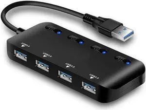 4-Port USB 3.0 Hub Splitter, Ultra Slim USB Data Extender Multiport Adapter with Independent Power Switches and LED Indicators, Plug and Play USB Hub for PC, Laptop, Desktop, Notebook and USB Peripher 4-Port USB 3.0 Hub Splitter, Ultra Slim USB Data Extender Multiport Adapter with Independent Power Switches and LED Indicators, Plug and Play USB Hub for PC, Laptop, Desktop, Notebook and USB Peripher