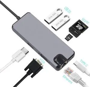 Type C Hub Multiport Adapter, 4K HDMI VGA USB 3.0, RJ45 Ethernet, 3.5mm Audio Jack USB C Docking Station Dongle Compatible with MacBook, Matebook, Type-C Laptops Type C Hub Multiport Adapter, 4K HDMI VGA USB 3.0, RJ45 Ethernet, 3.5mm Audio Jack USB C Docking Station Dongle Compatible with MacBook, Matebook, Type-C Laptops