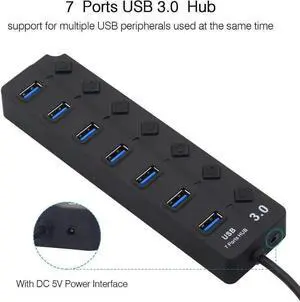 7-Port Powered USB 3.0 Hub Splitter, USB 3.0 One-to-Seven Expansion Dock with Individual On/Off Switches and External Power Adapter, High Speed USB Extender for Laptop, Desktop PC and Multiple USB Per 7-Port Powered USB 3.0 Hub Splitter, USB 3.0 One-to-Seven Expansion Dock with Individual On/Off Switches and External Power Adapter, High Speed USB Extender for Laptop, Desktop PC and Multiple USB Per
