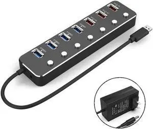 Aluminum Alloy 7 Port USB 3.0 Hub, 4 USB 3.0 Data Ports + 3 USB DC 5V 2.4A Fast Charging Ports, Individual Power Switches & LED Indicators, 60cm Cable, Equipped with 12V 2A Power Adapter Aluminum Alloy 7 Port USB 3.0 Hub, 4 USB 3.0 Data Ports + 3 USB DC 5V 2.4A Fast Charging Ports, Individual Power Switches & LED Indicators, 60cm Cable, Equipped with 12V 2A Power Adapter