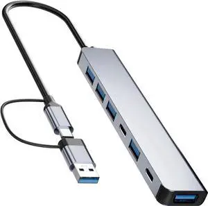 Aluminum 7 in 1 USB C Hub, 7 Ports with 2 USB-C & 5 USB-A, USB 3.0 High Speed Splitter, Ultra Slim Portable Multiport Adapter for Laptop, PS4, Flash Drive, HDD, Xbox, Printer, Mouse and Keyboard Aluminum 7 in 1 USB C Hub, 7 Ports with 2 USB-C & 5 USB-A, USB 3.0 High Speed Splitter, Ultra Slim Portable Multiport Adapter for Laptop, PS4, Flash Drive, HDD, Xbox, Printer, Mouse and Keyboard