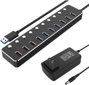 Aluminum Alloy 10-Port USB 3.0 Hub with Individual Control Switches, 7×USB 3.0 Data Ports + 3×5V/2.4A USB Fast Charging Ports, LED Indicators, 120cm Cable, Equipped with 12V 3A Power Adapter Aluminum Alloy 10-Port USB 3.0 Hub with Individual Control Switches, 7×USB 3.0 Data Ports + 3×5V/2.4A USB Fast Charging Ports, LED Indicators, 120cm Cable, Equipped with 12V 3A Power Adapter