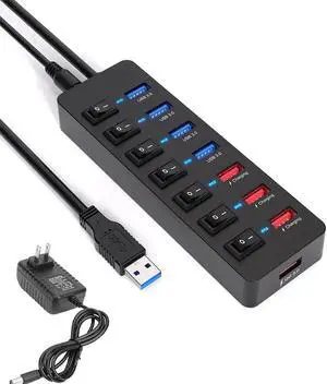 8 Port Powered USB 3.0 Hub with LED Indicator Lights, USB Splitter with Independent On/Off Switches & 12V 48W AC Adapter, Built-in QC3.0 & 3 Power IQ Charging Ports, Compatible with iPhone, iPad, Andr 8 Port Powered USB 3.0 Hub with LED Indicator Lights, USB Splitter with Independent On/Off Switches & 12V 48W AC Adapter, Built-in QC3.0 & 3 Power IQ Charging Ports, Compatible with iPhone, iPad, Andr