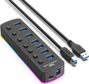 7-Port Powered USB 3.0 Hub with RGB LED Indicator, Multiport USB Docking Station with Independent On/Off Switches, High Speed USB Hub Adapter for Laptop PC Computer 7-Port Powered USB 3.0 Hub with RGB LED Indicator, Multiport USB Docking Station with Independent On/Off Switches, High Speed USB Hub Adapter for Laptop PC Computer