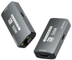 HDMI Extender Over Cat5e/Cat6 Cable Up to 50M, 4K@30Hz HDMI Transmitter and Receiver Kit, Long Distance Audio Video Transmission Adapter for PC, Set-Top Box, Projector, HDTV Display HDMI Extender Over Cat5e/Cat6 Cable Up to 50M, 4K@30Hz HDMI Transmitter and Receiver Kit, Long Distance Audio Video Transmission Adapter for PC, Set-Top Box, Projector, HDTV Display